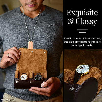 2 Watch Travel Case for Men Vegan Leather Watch Roll Case Organizer and Display - Elegant Gift - Espresso Brown Vegan Leather