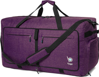 Bago Large Foldable Duffel Bags for Traveling Women & Men - 100L Packable Duffle Bag for Travel with Shoe Compartment - Water Repellant, Heavy Duty, Lightweight Folding & Collapsible (SnowDepPurple)