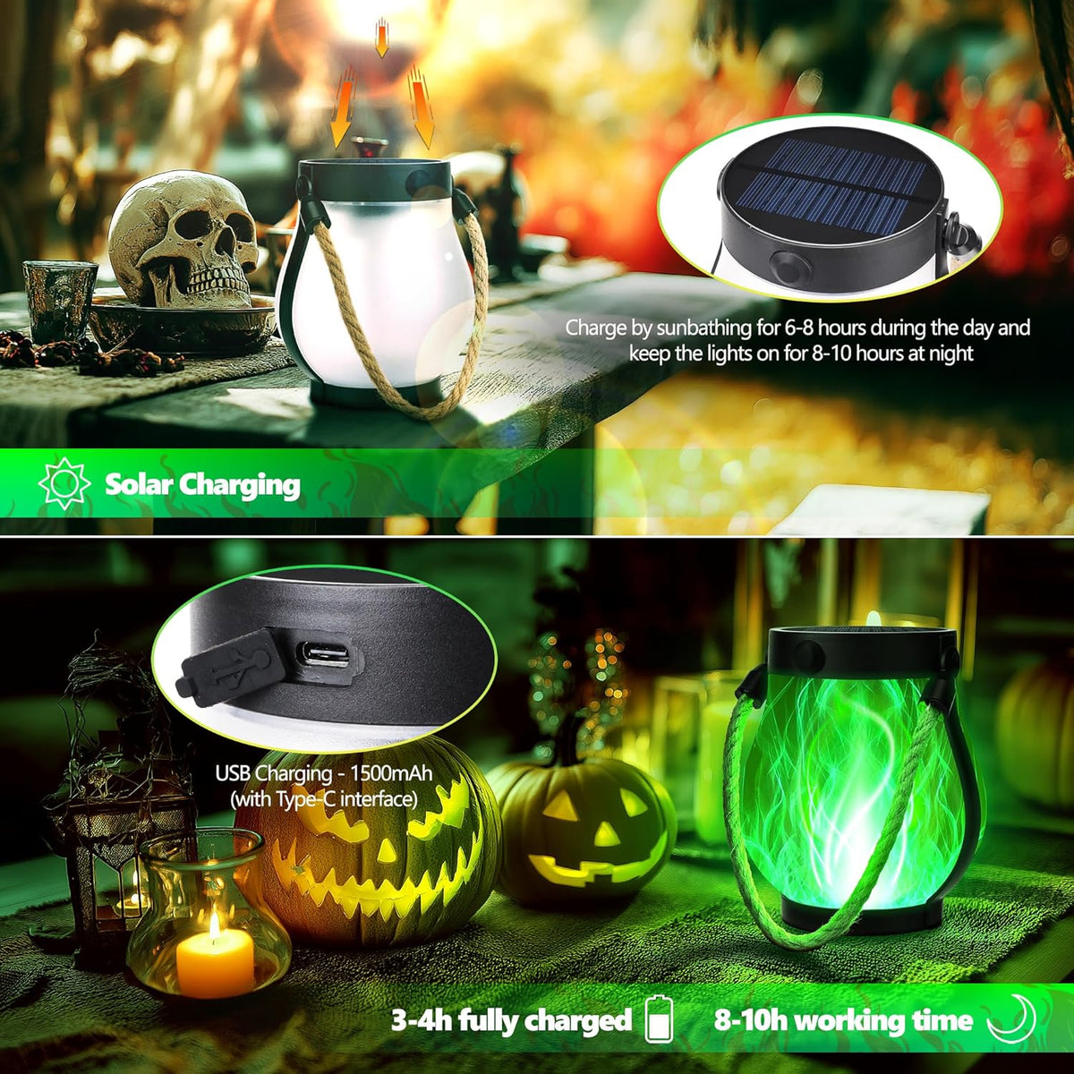 Halloween Solar Flame Lantern Hanging Outdoor Waterproof Purple - 2 Pack Flame Lanterns with Dual Charging Modes of Solar & USB for Garden or Yard Halloween Decorations (Green - 2 Pack)
