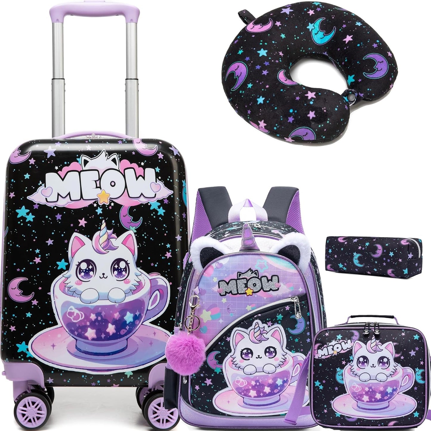 Kid's Luggage Set 5 Piece Suitcase Set 16' Hardside Spinner Wheels Girls Carry On Toddler Travel Rolling Airline Approved