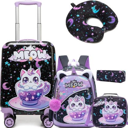 Kid's Luggage Set 5 Piece Suitcase Set 16' Hardside Spinner Wheels Girls Carry On Toddler Travel Rolling Airline Approved