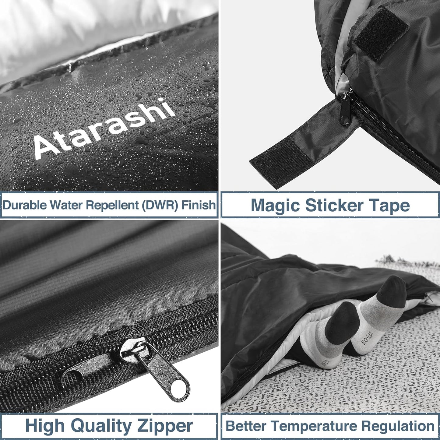 Atarashi Camping Sleeping Bag- 4 Seasons for Adults, Light, Warm, Extra-Large with Compression Sack- Great for Hiking, Backpacking & Outdoor Adventures