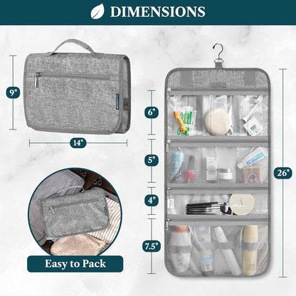 PAVILIA Hanging Toiletry Bag Women Men, Travel Kit Foldable Large Toiletries Organizer, Roll up Cosmetics Makeup Bag Accessories, Waterproof Essentials Jewelry Case (Heather Grey)