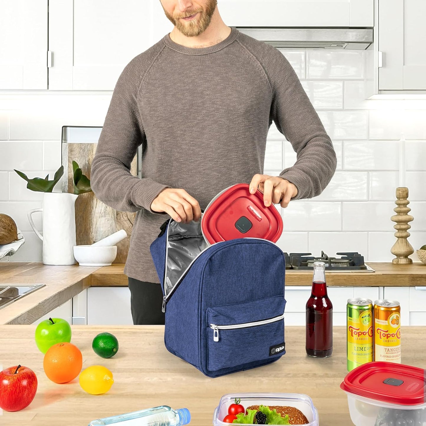 opux Lunch Box for Girls Boys Kids, Insulated Leakproof Lunch Bag, Reusable Teen Lunch Boxes for School, Medium Large lunchbox for Women Men Adult for Work with Front Back Pocket (Navy Blue)