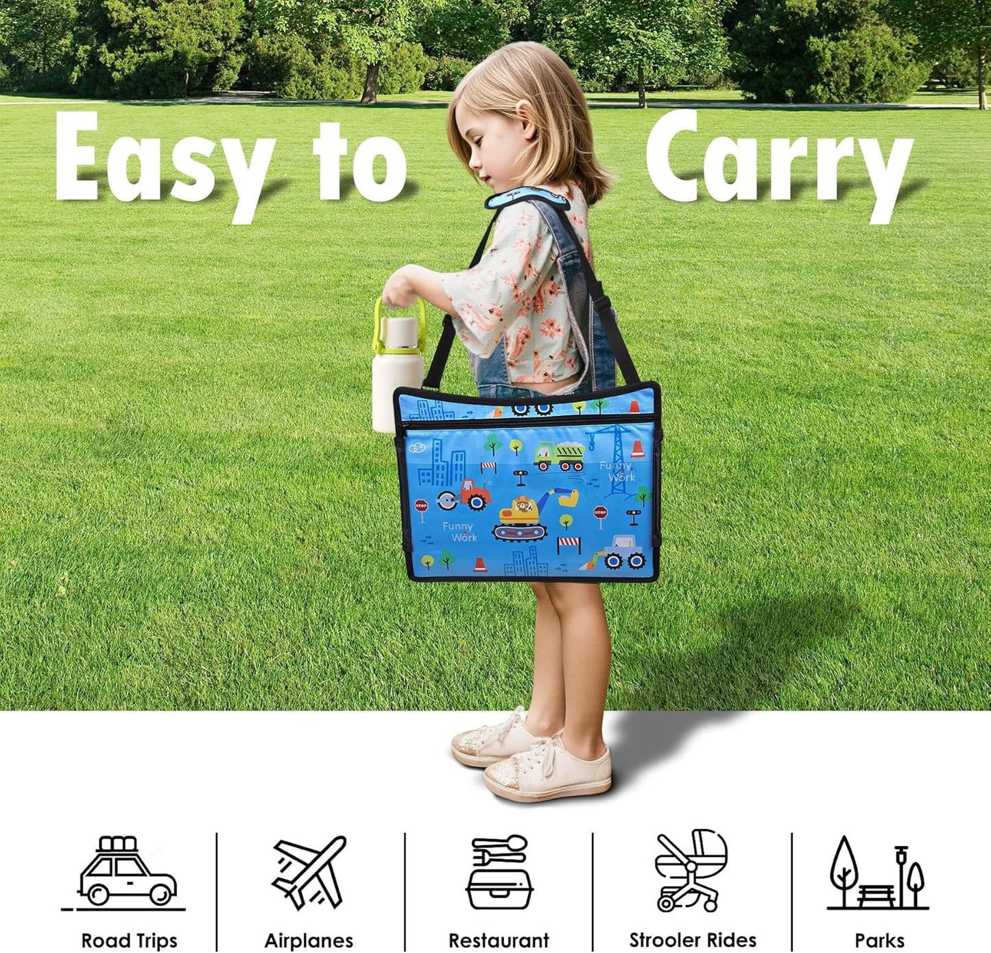 Kids Travel Tray, Kids Travel Trays for Car Seat, Road Trip Essentials for Toddler, Carseat Lap Tray with Dry Erase Board & Storage Organizer for Road Trip Activities for Kid, Light Blue