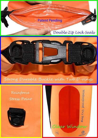 Freegrace Waterproof Dry Bags Set of 3 Dry Bag with 2 Zip Lock Seals & Detachable Shoulder Strap, Waist Pouch & Phone Case - Can Be Submerged Into Water - for Swimming (Orange(Window), 5L)