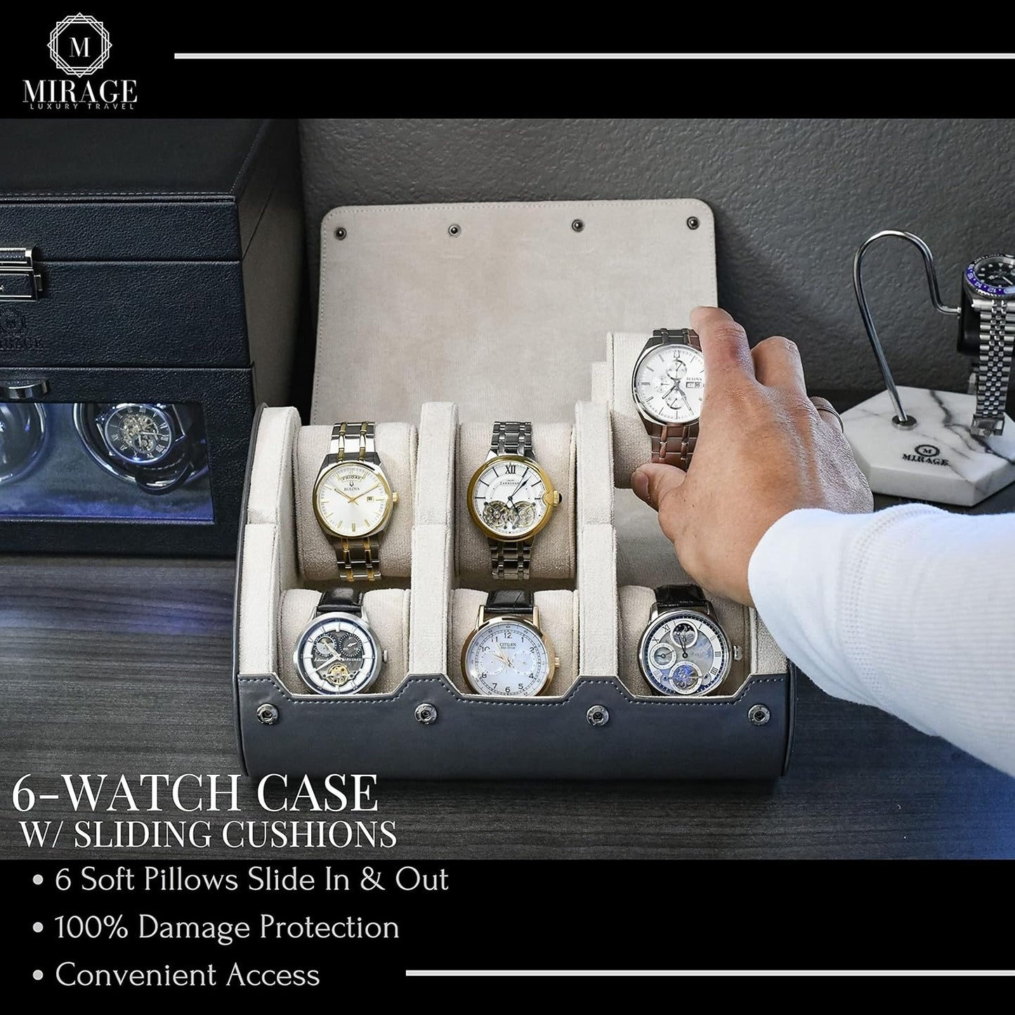 6 watch case box for travel and display organizer - Slate Grey & Ivory White