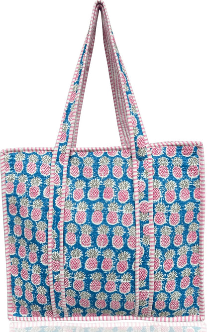 Cotton Quilted Tote Bag for Women – Large Beach & Travel Tote with Zipper, Reusable Grocery Bag