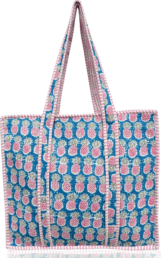 Cotton Quilted Tote Bag for Women – Large Beach & Travel Tote with Zipper, Reusable Grocery Bag