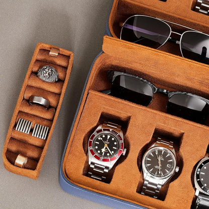 ROTHWELL 8 Watch Travel Case Storage Organizer for 8 Watches, Sunglasses, Rings & Cufflinks |Tough Portable Protection with Zipper Fits Most Wristwatches & Smart Watches Up to 50mm (Blue/Tan)