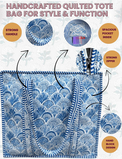 Cotton Quilted Tote Bag for Women – Large Beach & Travel Tote with Zipper, Reusable Grocery Bag