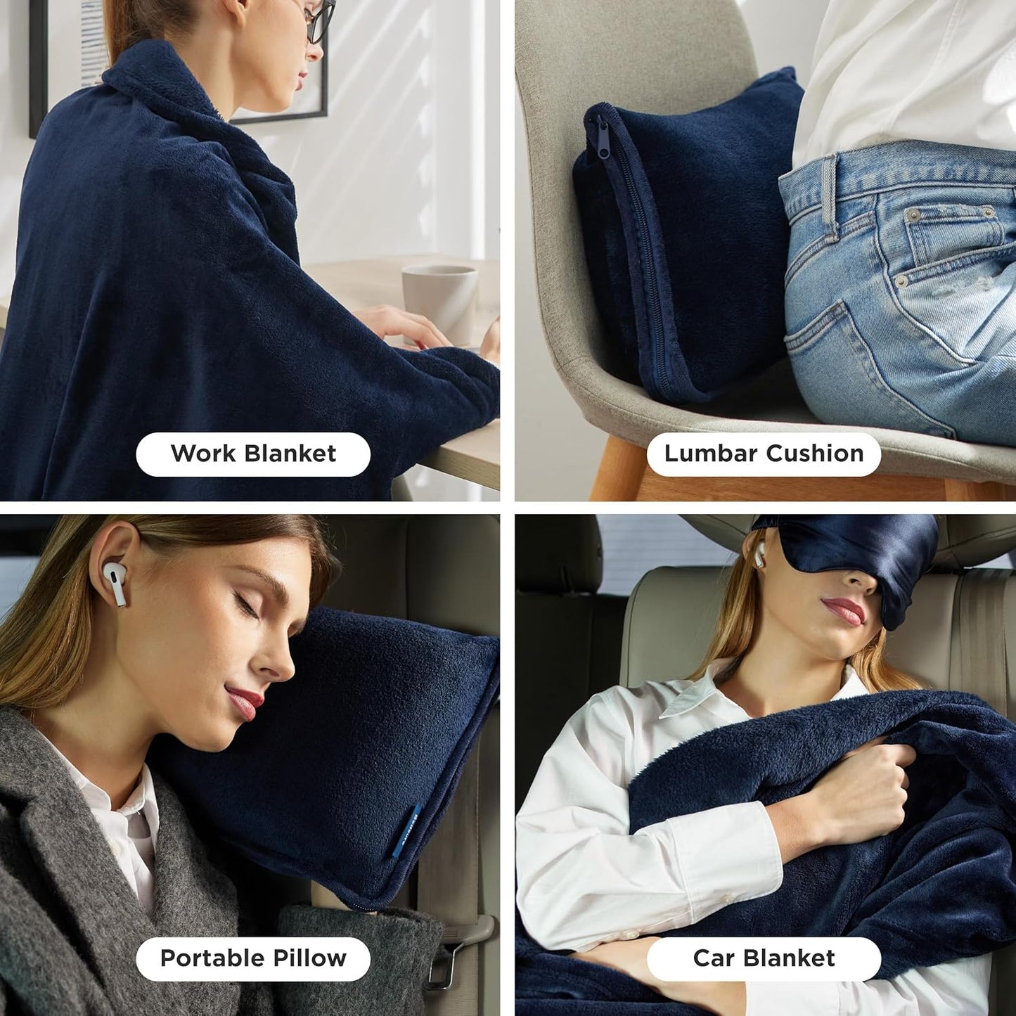 Bedsure Travel Blanket Airplane Compact with Storage Bag, Packable Blanket with Eye Mask, Lightweight 2-in-1 Travel Essentials, Functioned as Pillow for Airplane Comfort and Warmth, Navy