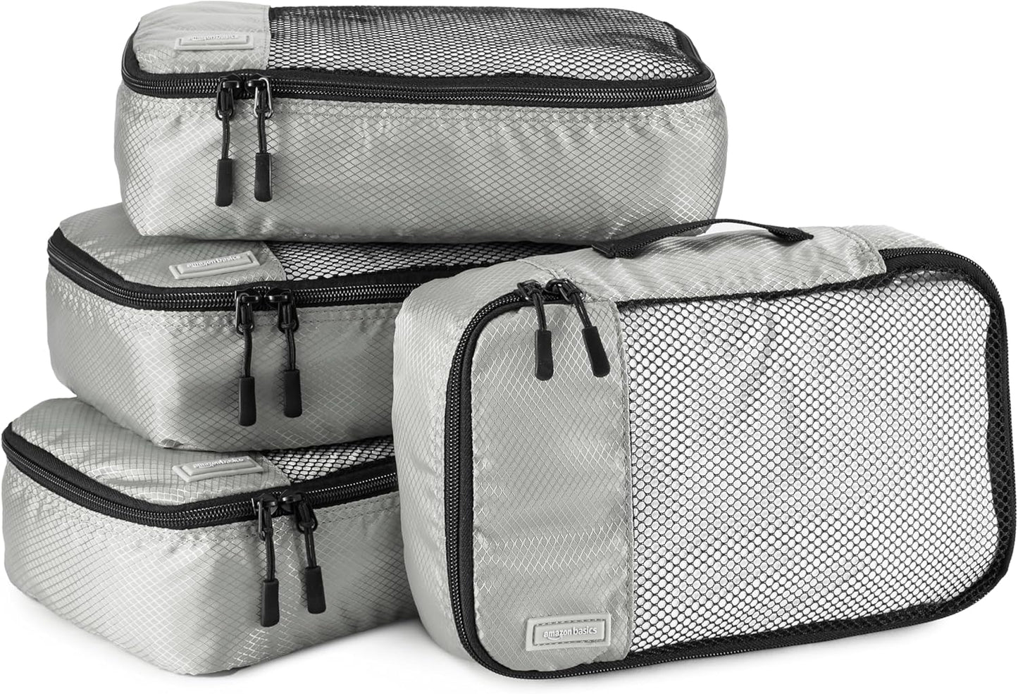 Amazon Basics Small Packing Cubes for Travel, Packing Organizers, 4-Piece-Set With Double Zipper Pulls and Mesh Top Panel, 100% Durable Polyester, Gray, 11"L x 6.8"W x 3"H