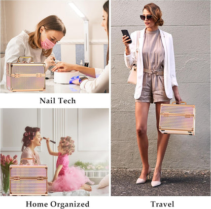 Makeup Case Organizer,Makeup Train Case, Trays Cosmetic Box Portable, Profesional for Salon Barber, Colorful Pink