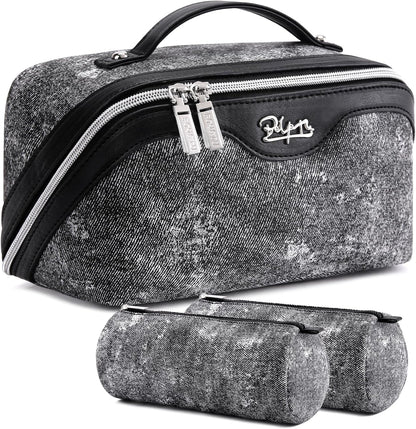 Travel Makeup Bag Cosmetic Bags for Women: 3 Sets Large Capacity Make up Bag - Portable Toiletry Bags with Handle for Women(05-Black)