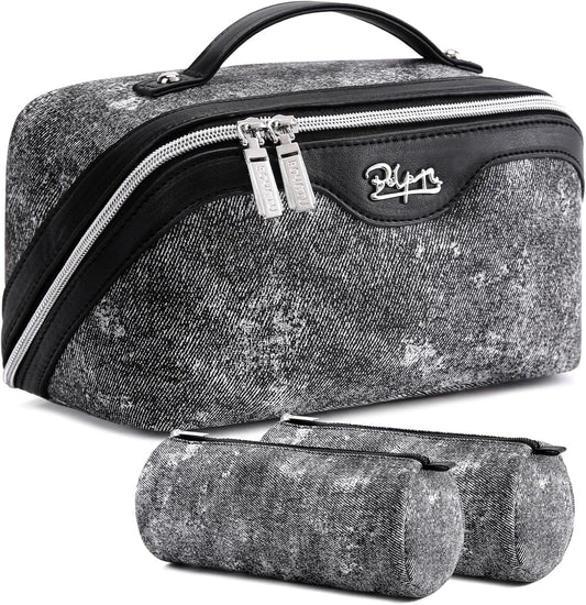 Travel Makeup Bag Cosmetic Bags for Women: 3 Sets Large Capacity Make up Bag - Portable Toiletry Bags with Handle for Women(05-Black)