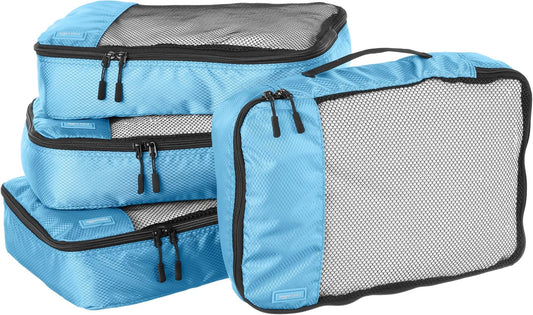 Amazon Basics Medium Packing Cubes for Travel, Packing Organizers, 4-Piece-Set With Double Zipper Pulls and Mesh Top Panel, 100% Durable Polyester, Sky Blue, 13.8"L x 9.8"W x 3"H