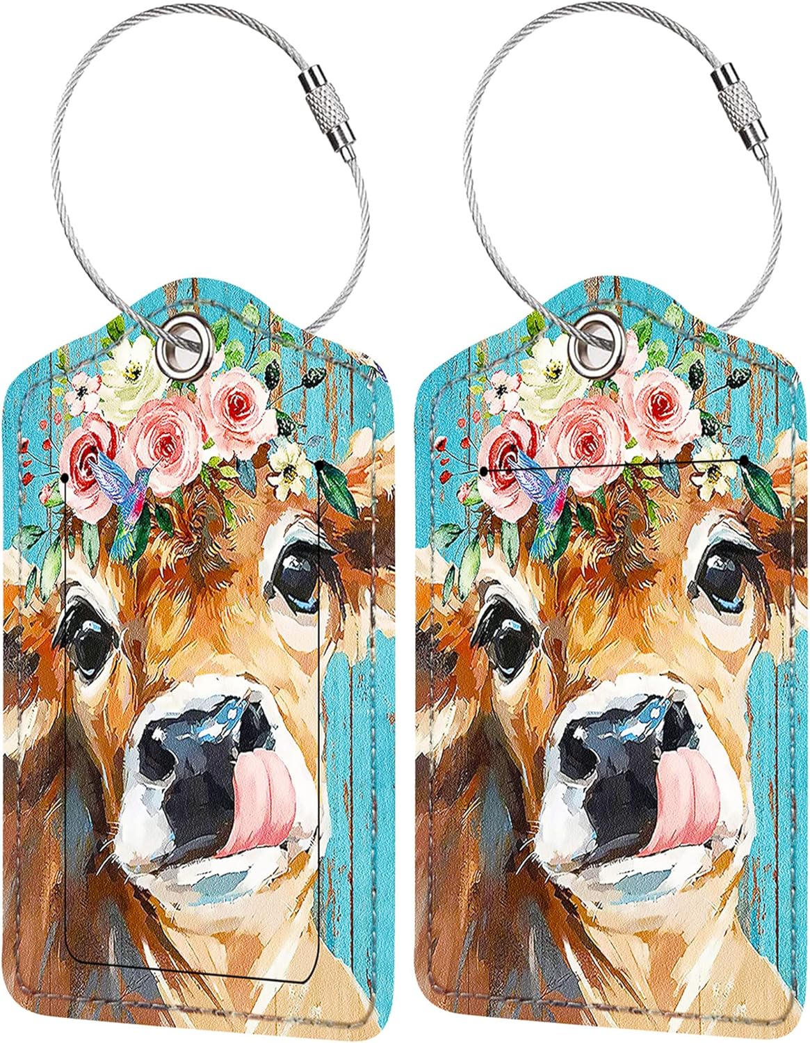 2 Pack Luggage Tag for Suitcase, Cute Unique Leather Bag Tags Identifiers Privacy Cover ID Label with Durable Steel Loop for Women Men Kids Girls Travel, Cattle