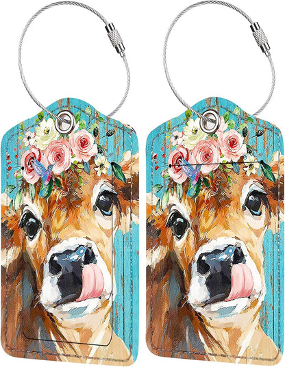 2 Pack Luggage Tag for Suitcase, Cute Unique Leather Bag Tags Identifiers Privacy Cover ID Label with Durable Steel Loop for Women Men Kids Girls Travel, Cattle