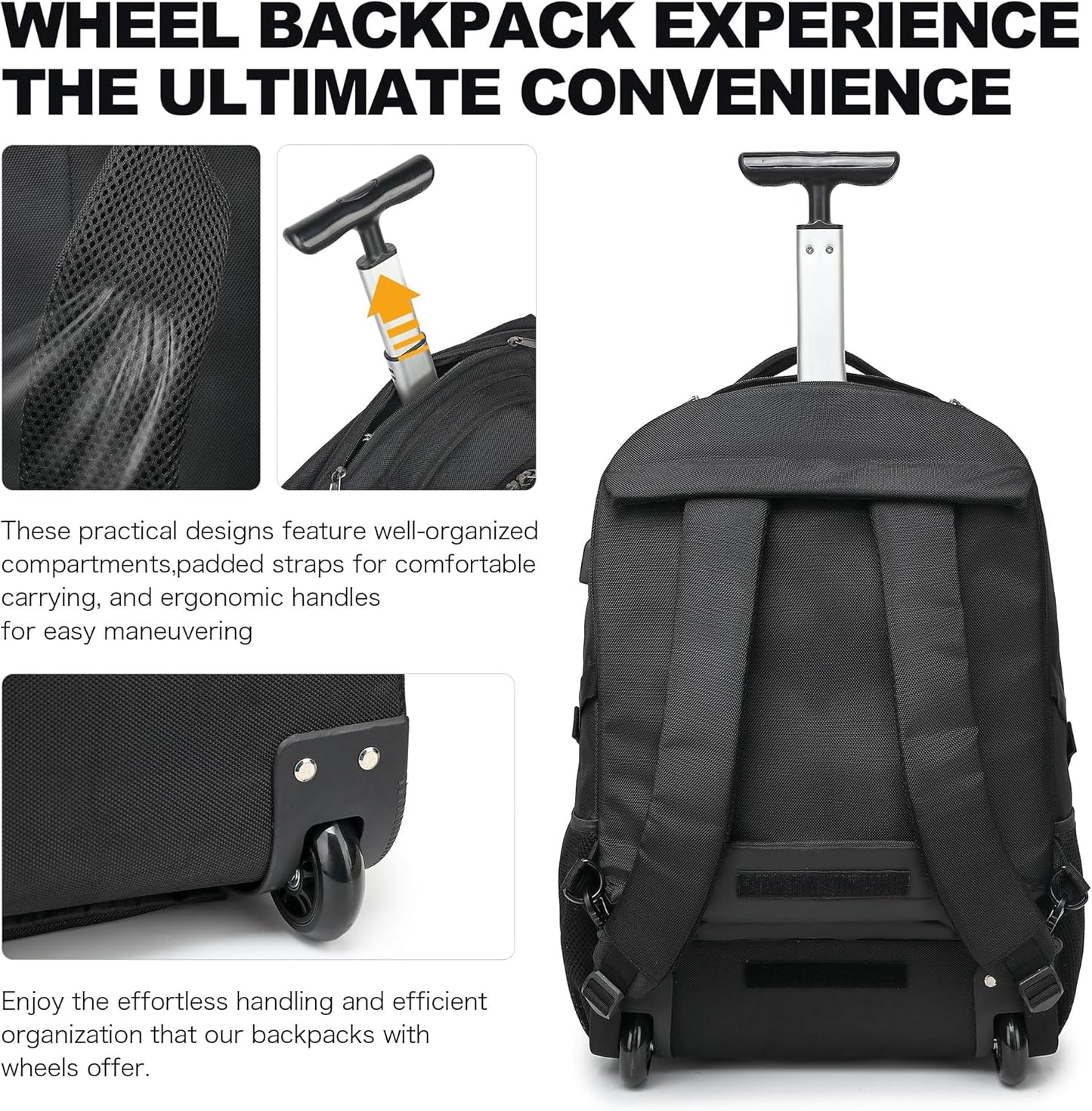 Boavan Wheeled Backpack,18.4 inch Water Resistant Rolling Backpack,Carry on Luggage Business Bag, Overnight College Computer Backpacks Trolley Suitcase for Men Women Adults to Travel，Black