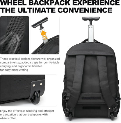 Boavan Wheeled Backpack,18.4 inch Water Resistant Rolling Backpack,Carry on Luggage Business Bag, Overnight College Computer Backpacks Trolley Suitcase for Men Women Adults to Travel，Black
