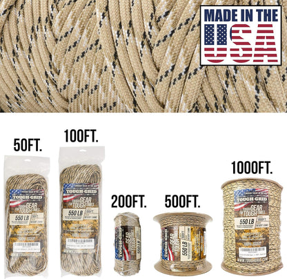 TOUGH-GRID 550 Paracord Rope Nylon Parachute Cord, Made in USA Survival Kit, Outdoor Adventures, Camping, Tactical Gear & Emergency Supplies, Military Type III Mil-Spec