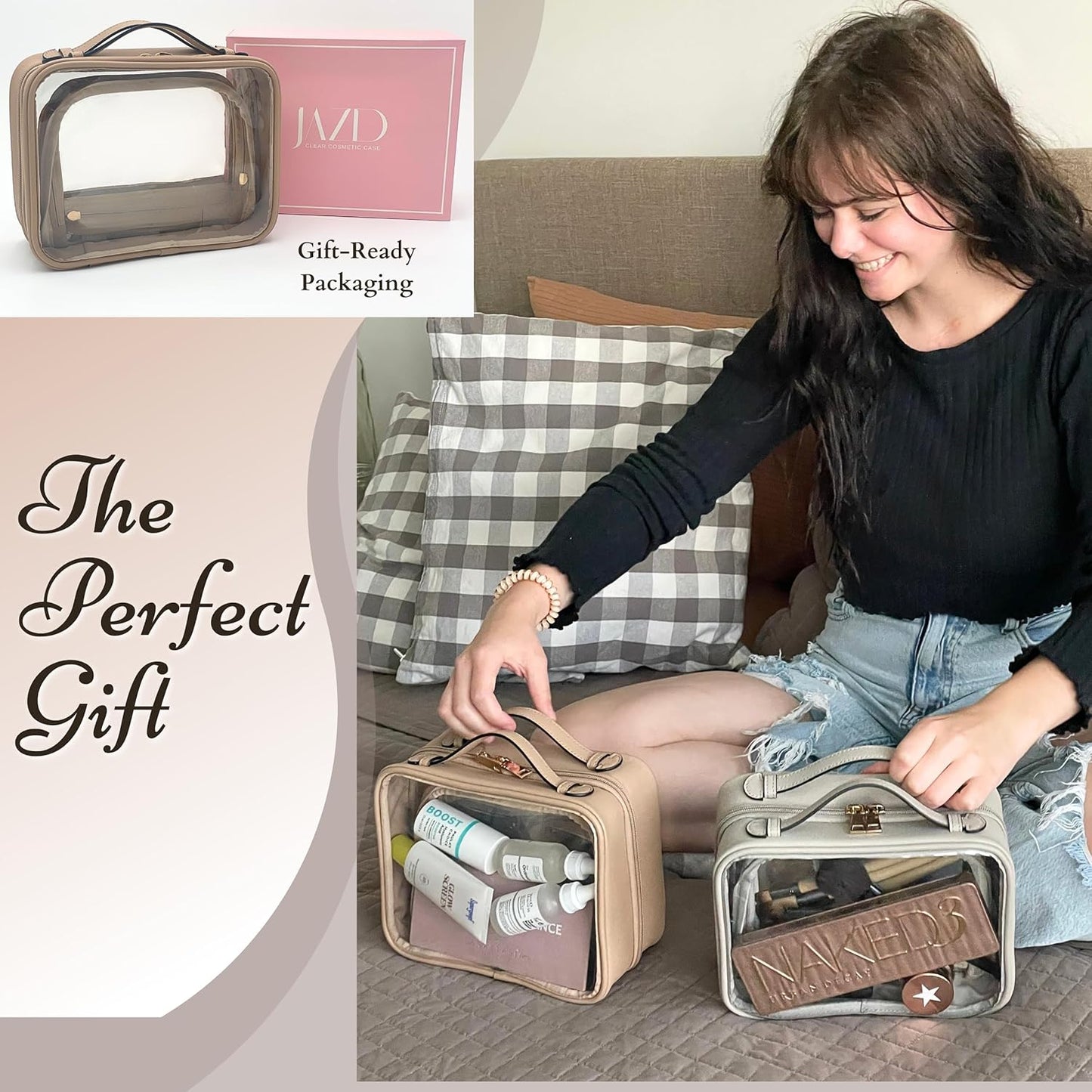 JAZD Clear Makeup Bag Toiletry Bag for Women Cosmetic Case Large Capacity Travel Make Up Bag Organizer Transparent Storage Compartment TSA Approved