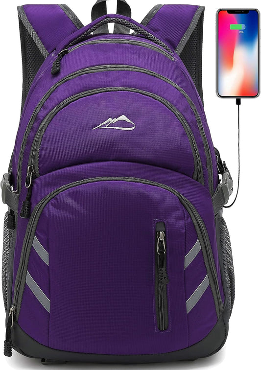 ProEtrade Backpack Bookbag for College Laptop Travel, Fit Laptop Up to 15.6 inch with USB Charging Port Multi Compartment Anti theft, Gift for Women Men (Purple)
