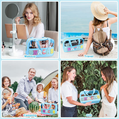 Snack Bag for Travel - Chenille Letter Clear Makeup Bag, Large Preppy Patch Snack Cosmetic Bag with Handle and Zipper, Cute Makeup Pouch Nylon&PVC Waterproof Toiletry Organizer Storage for Women Girls