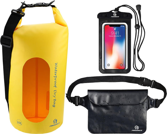 Freegrace Waterproof Dry Bags Set Of 3 Dry Bag With 2 Zip Lock Seals & Detachable Shoulder Strap, Waist Pouch & Phone Case - Can Be Submerged Into Water - For Swimming (Yellow(Window), 5L)