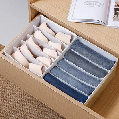 Jeans Drawer Organizers for Clothing,5 Grids Compartment Wardrobe clothes organizer,Fabric Washable Closet Organizers and Storage Bins for Jeans,Pants,Bra,Legging,t-shirt-BeigeWhite