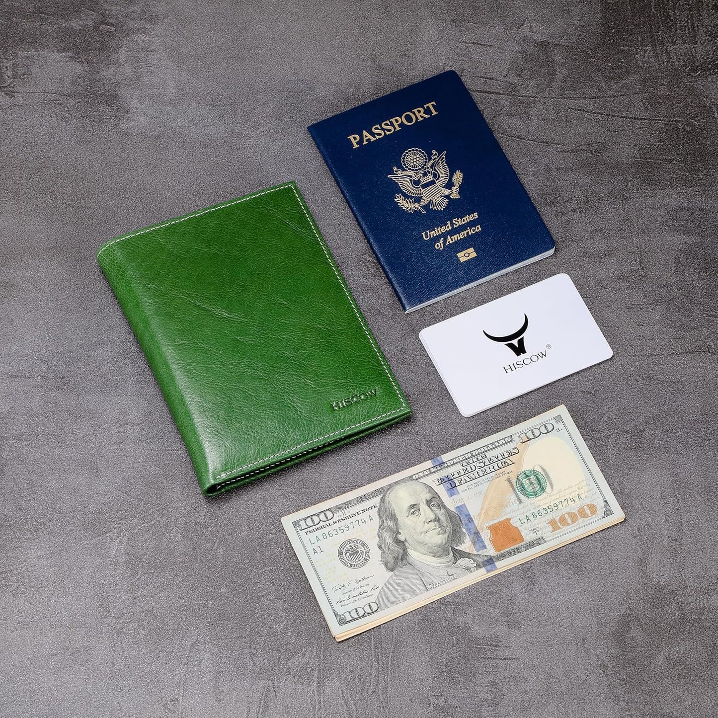 HISCOW Italian Leather Passport Holder for Travel - RFID Blocking Wallet Cover with Secure Organizer for Men & Women, US & Foreign Trips, Green Vegetable-Tanned Leather