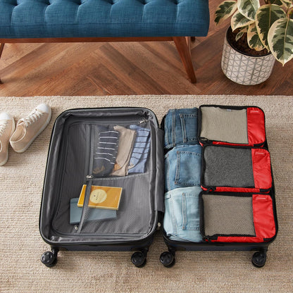 Amazon Basics Small Packing Cubes for Travel, Packing Organizers, 4-Piece-Set With Double Zipper Pulls and Mesh Top Panel, 100% Durable Polyester, Red, 11"L x 6.8"W x 3"H
