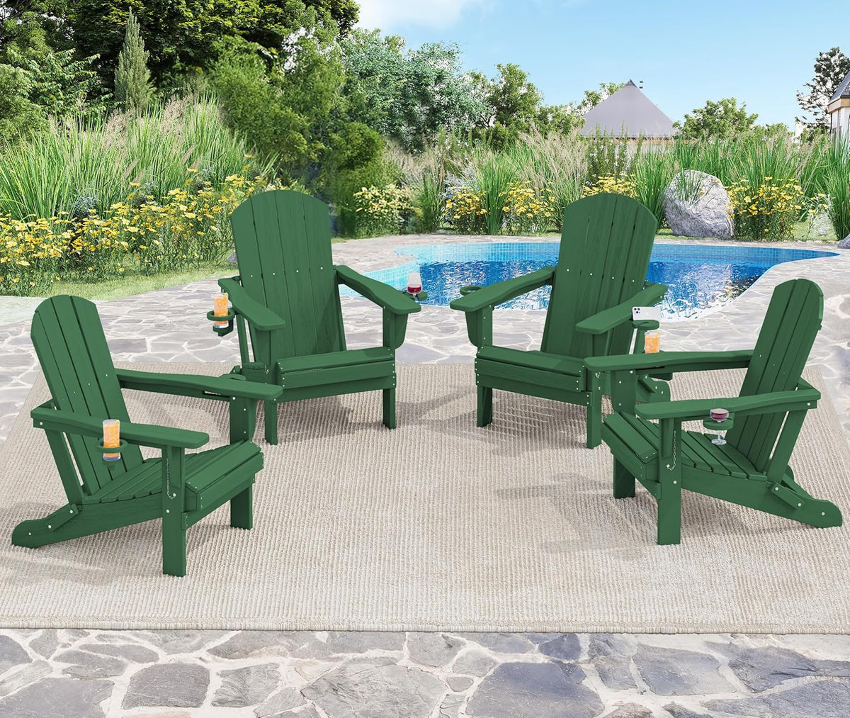 SERWALL Adirondack Chair with Cup Holders - Composite Adirondack Chairs Set of 6 HDPE Outdoor Chairs All Weather Use- Green