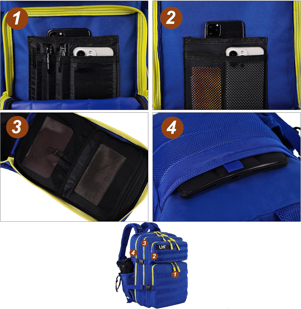 LHI Military Tactical Backpack for Men and Women 45L Army 3 Days Assault Pack Bag Large Rucksack with Molle System - Blue with yellow zipper