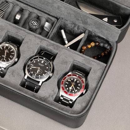 ROTHWELL 8 Watch Travel Case Storage Organizer for 8 Watches, Sunglasses, Rings & Cufflinks |Tough Portable Protection with Zipper Fits Most Wristwatches & Smart Watches Up to 50mm (Black/Grey)