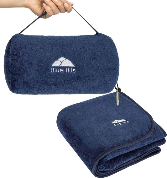 BlueHills Travel Blanket Pillow Rolled Premium Soft Plush Airplane Throw Traveling Essential Gift Compact in a Bag 70 X 48 inches Long Plane Flight Portable Lightweight Navy Blue R04