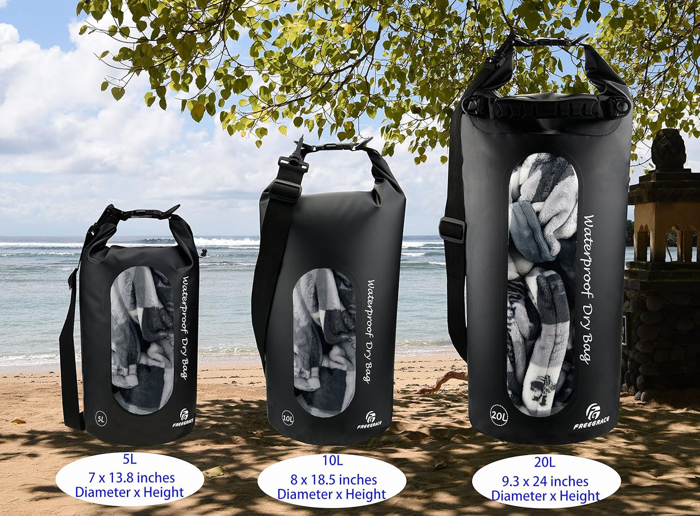 Freegrace Waterproof Dry Bags Set of 3 Dry Bag with 2 Zip Lock Seals & Detachable Shoulder Strap, Waist Pouch & Phone Case - Can Be Submerged Into Water - for Swimming (Black(Window), 20L)