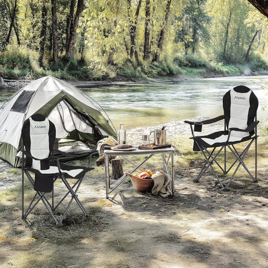 Camping Chairs for Heavy People, Folding Chairs for Outside Outdoor Folding Chairs with Cup Holder & Cooler Bag, Camp Chairs Supports up to 500lbs(2 PC, Black White)