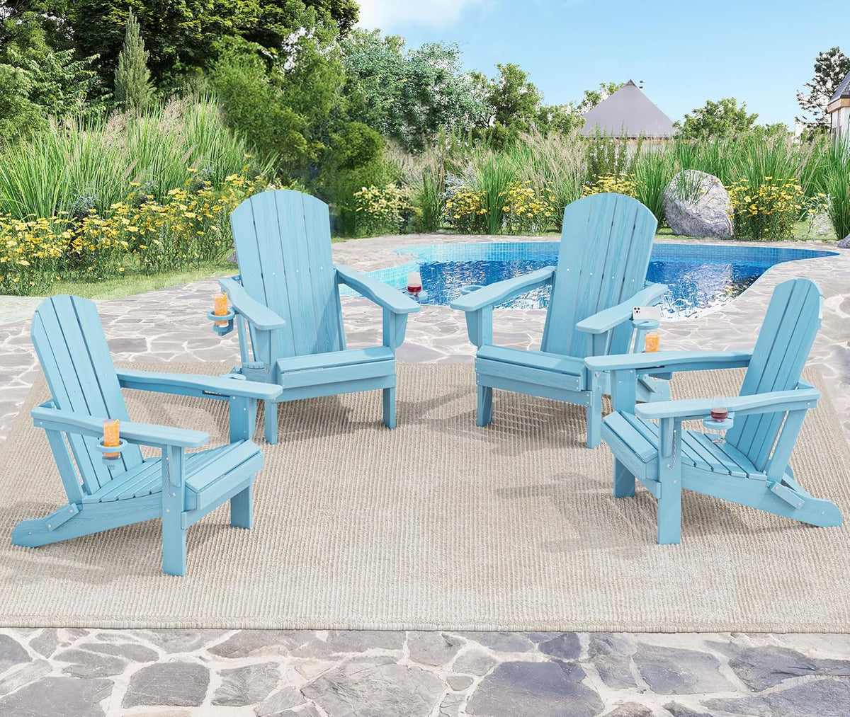 SERWALL Adirondack Chair with Cup Holders - Composite Adirondack Chairs HDPE Outdoor Chairs All Weather Use- Light Blue