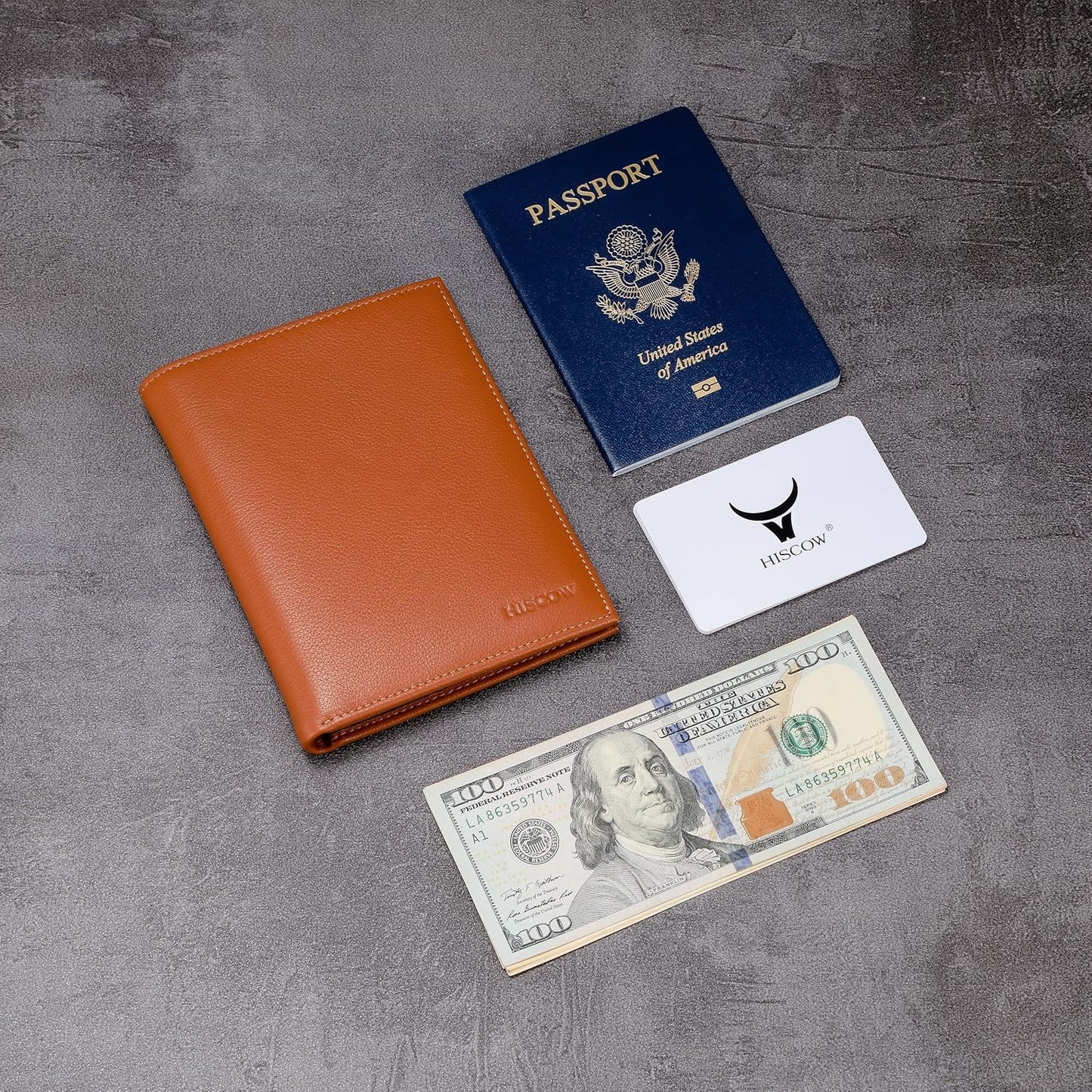 HISCOW Italian Leather Passport Holder for Travel - RFID Blocking Wallet Cover with Secure Organizer for Men & Women, US & Foreign Trips, Tan