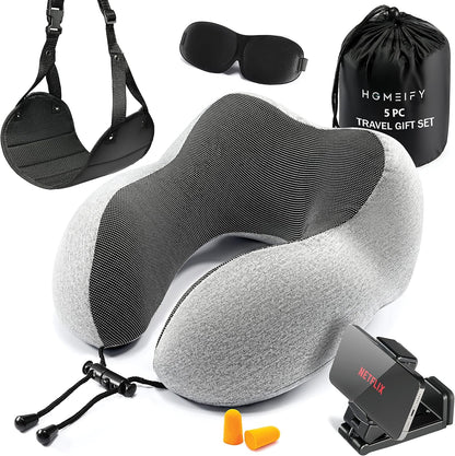 Airplane Neck Pillow Includes Travel Pillow + Airplane Phone Holder Mount + Eye Masks + Foot Hammock + Earplugs for Travel, 100% Pure Memory Foam Travel Pillow, 5 Pc Travel Kit, 2 Pack