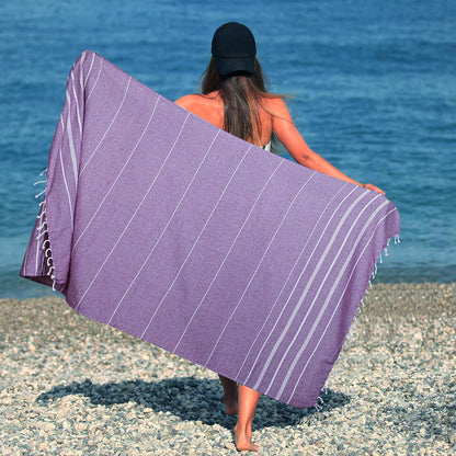 HILLFAIR Cotton Turkish Beach Towels, Quick Dry Lightweight Sand Free Peshtemal Towel for Bath Swim Yoga Spa Travel, Beach Accessories, Oversized Cotton Turkish Towels (39 x 72 inch- 4 Pack Purple)