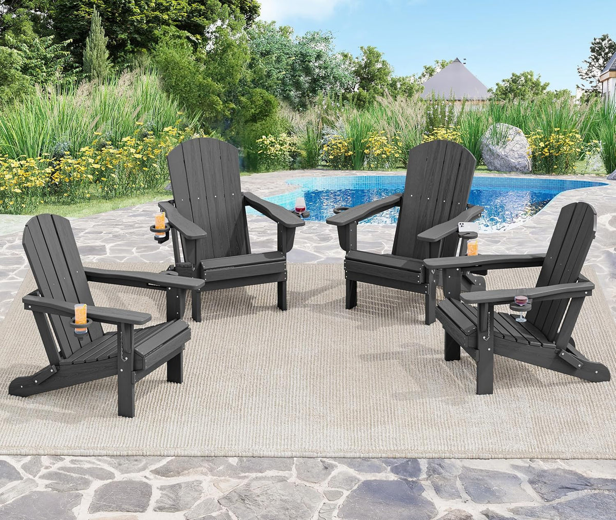 SERWALL Foldable Adirondack Chair Set of 8, Oversized HDPE Adirondack Chair with Wood-Texture-Gray