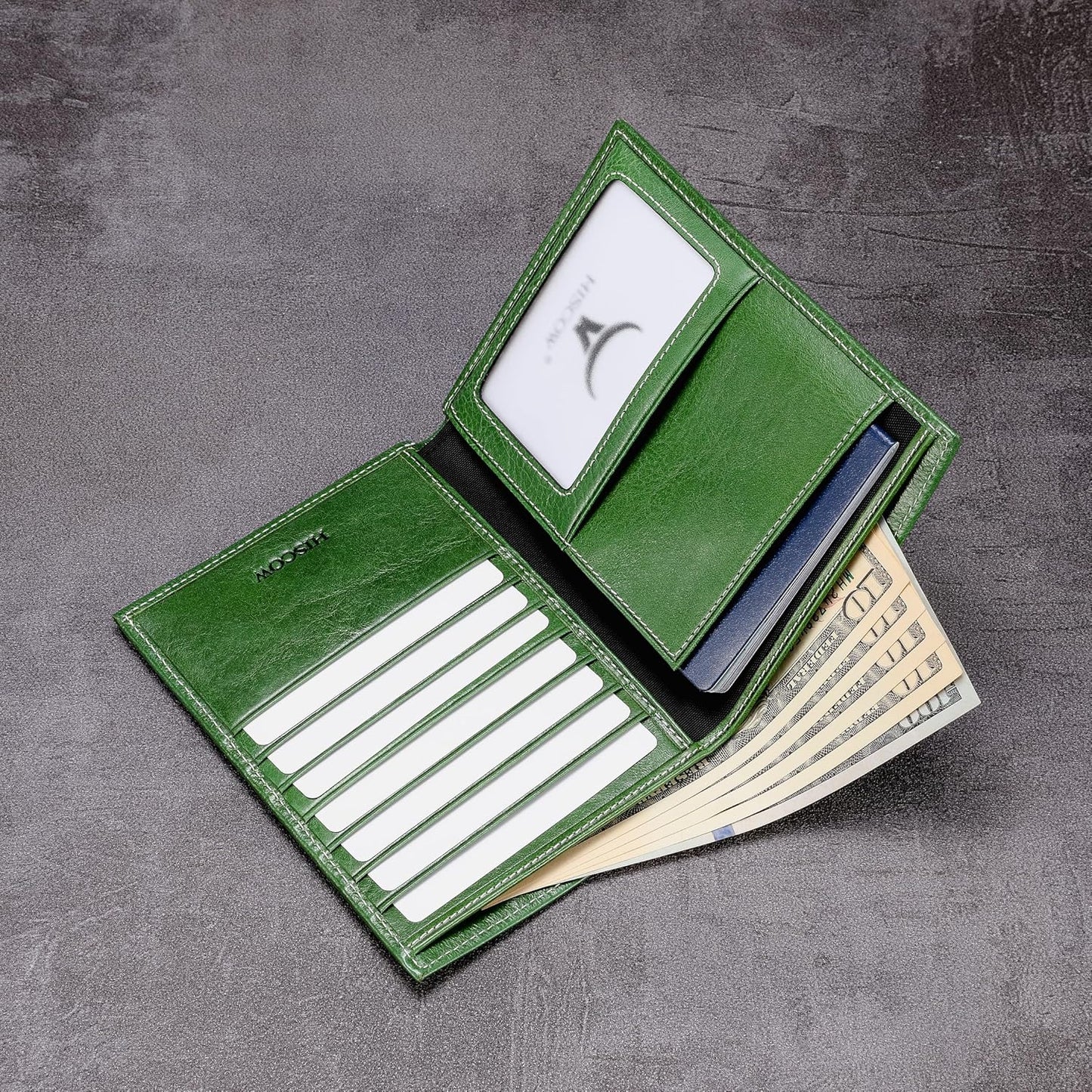 HISCOW Italian Leather Passport Holder for Travel - RFID Blocking Wallet Cover with Secure Organizer for Men & Women, US & Foreign Trips, Green Vegetable-Tanned Leather