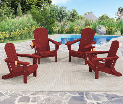 SERWALL Adirondack Chair with Cup Holders - Composite Adirondack Chairs Set of 2 HDPE Outdoor Chairs All Weather Use- Dark Red