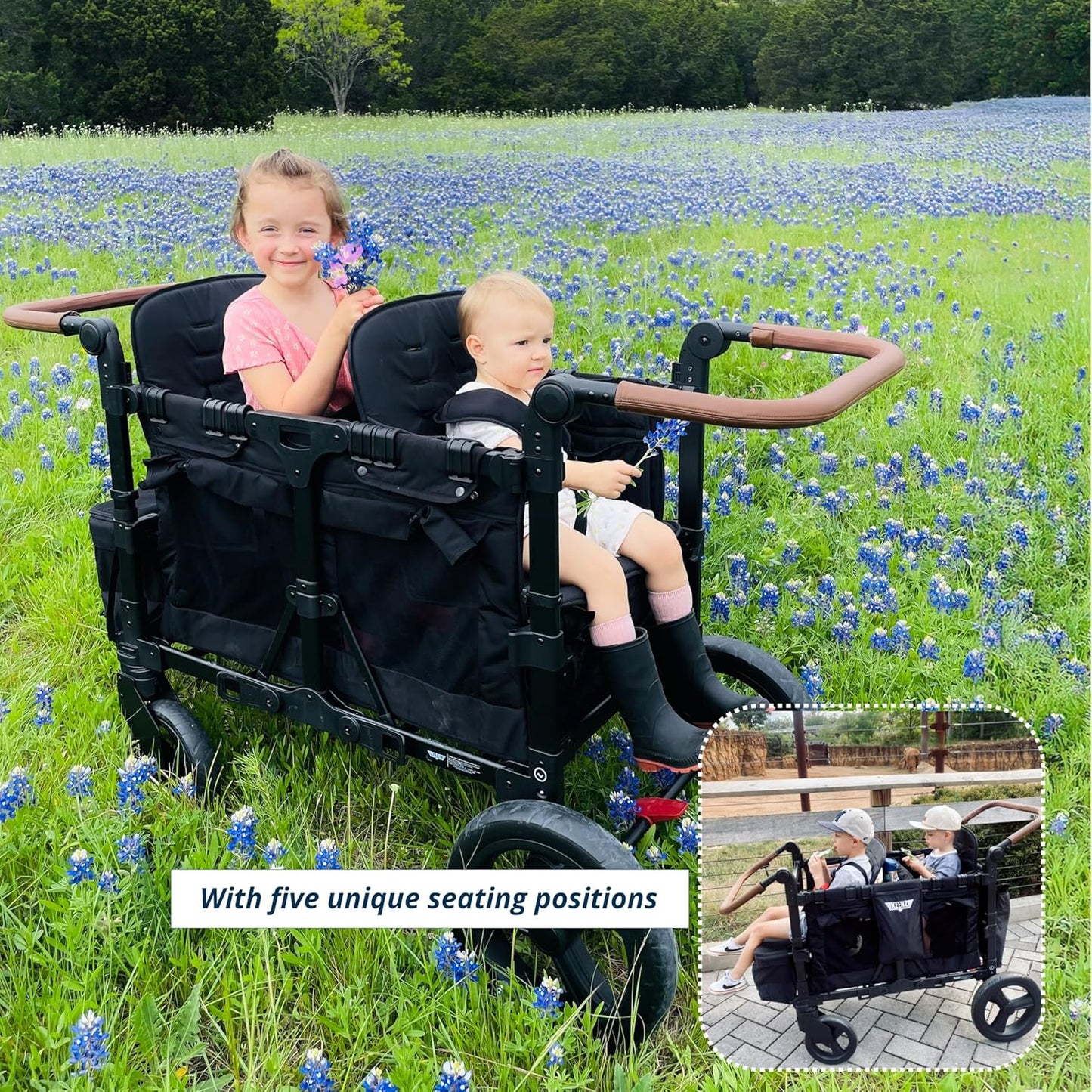 Keenz VYOO Stroller Wagon with Canopy - Foldable Design for Easy Storage, 5 Seating Positions for Kids, Enhanced Child Safety, All-Terrain Mobility, 2-Passengers, Black