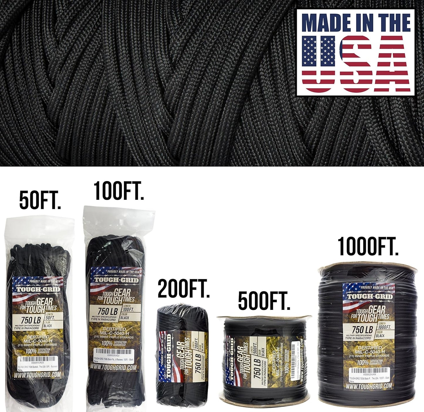 TOUGH-GRID 750 Paracord Rope Nylon Parachute Cord, Made in USA Survival Kit, Outdoor Adventures, Camping, Tactical Gear & Emergency Supplies, Military Type IV Mil-Spec