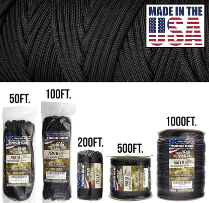 TOUGH-GRID 750 Paracord Rope Nylon Parachute Cord, Made in USA Survival Kit, Outdoor Adventures, Camping, Tactical Gear & Emergency Supplies, Military Type IV Mil-Spec