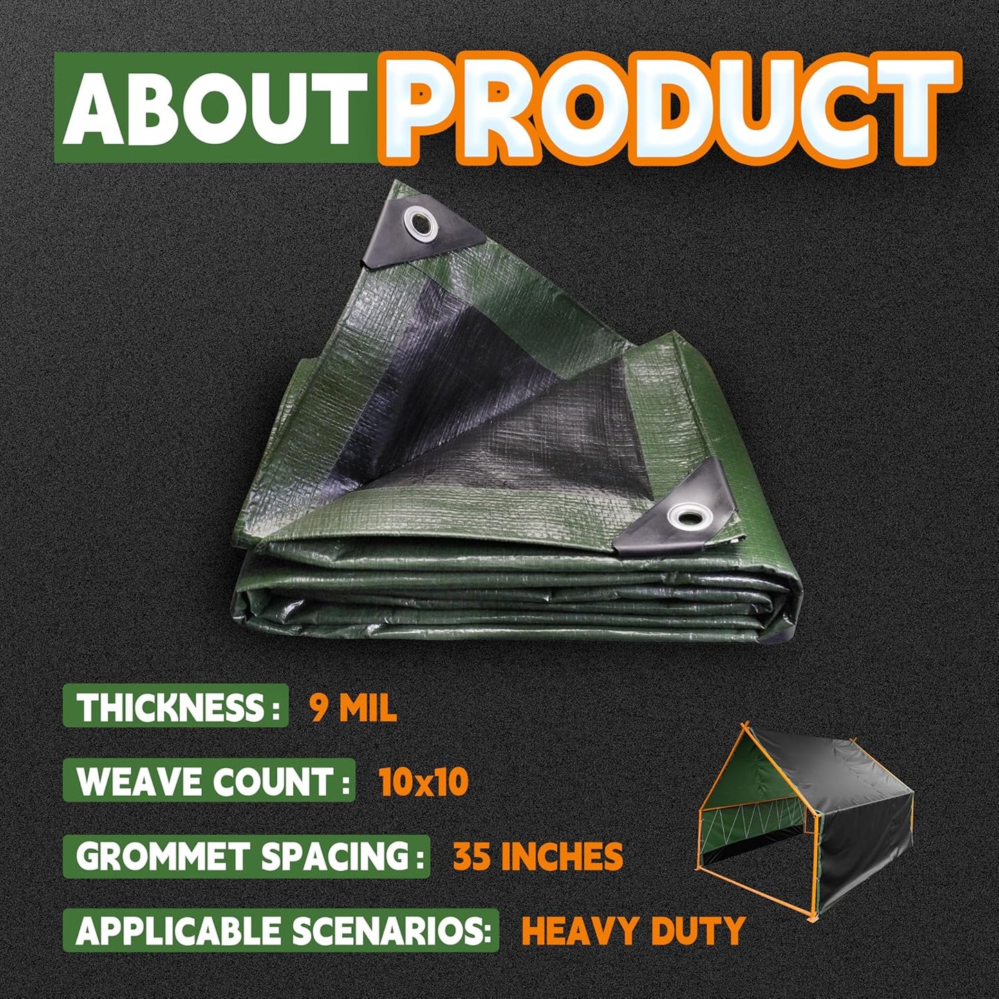 8x8 Feet Tarp Waterproof,9Mil Thick,Finished Size Tarps,UV Resistant,Durable,Multipurpose Poly Tarp Cover with Metal Grommets and Reinforced Edges,Green/Black by RAINDEWAY